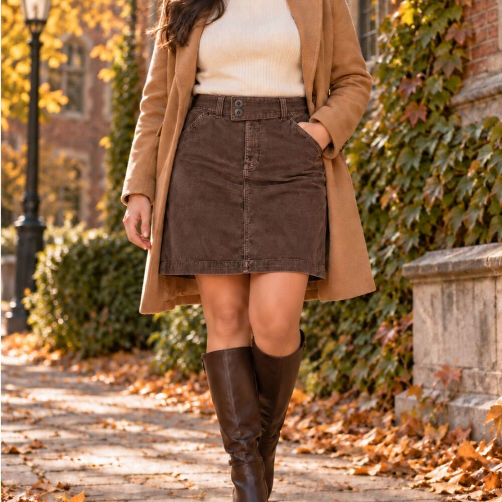 Vintage L.L.Bean Brown Corduroy Mini Skirt 16 Fall Heritage Prep Pockets Autumn